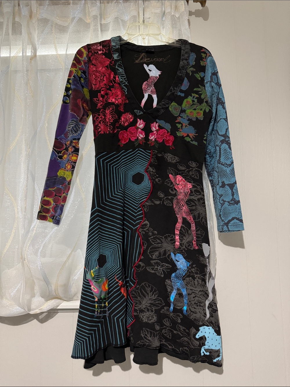 Desigual Multicolor Patchwork V-Neck Kids Dress - Black, Blue, Pink, Red